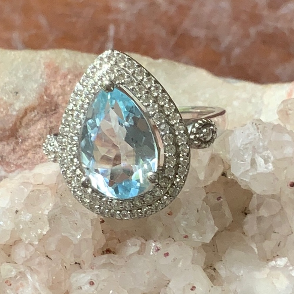 SKY BLUE TOPAZ & CUBIC ZIRCONIA 925 STERLING SILVER RING, SIZE 6.5 - Picture 1 of 8